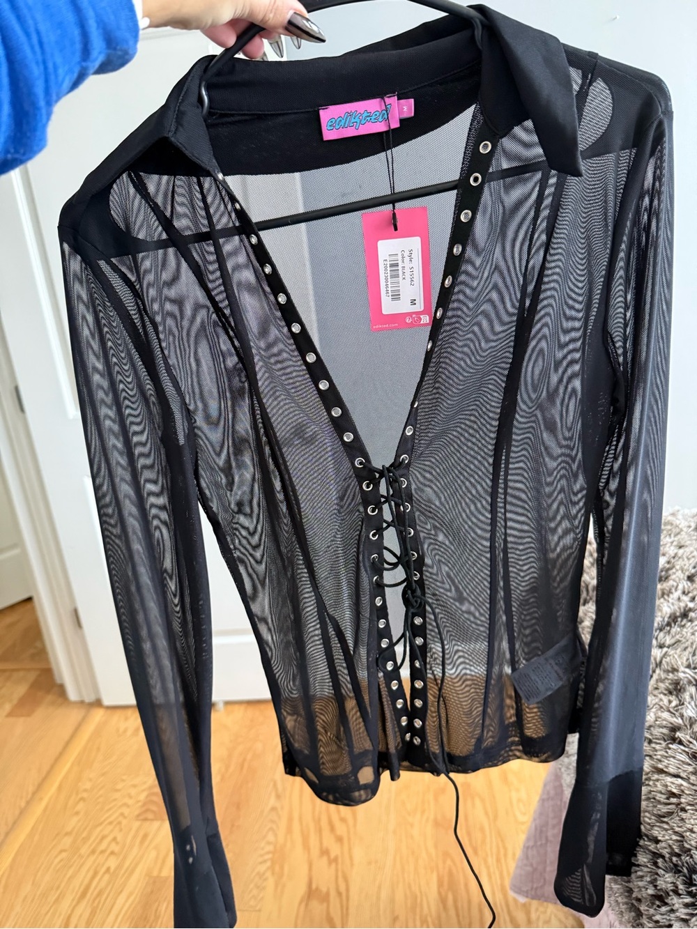 Edikted Black Sheer Mesh Lace-Up Button Down Shirt